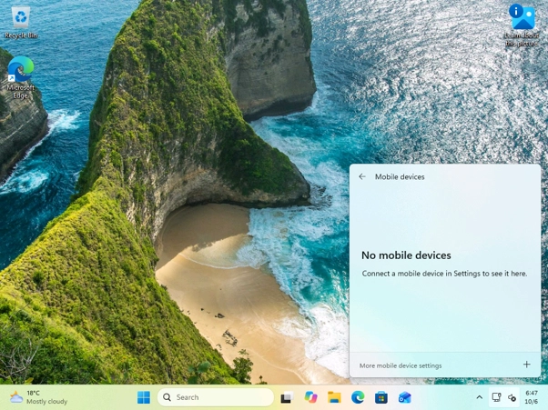 With no phone linked, the Mobile devices page asks you to connect one in Settings.